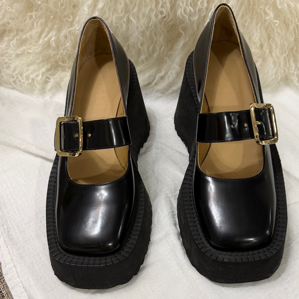 Maison Martin Margiela Black Patent Mary Jane Platform Pumps with Gold Buckle